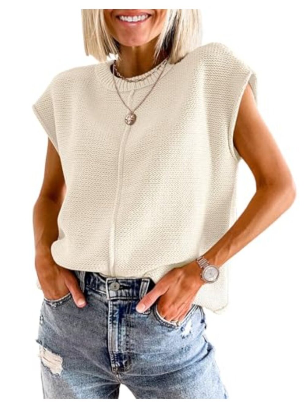 Loose Fit Sleeveless Knit Top Sweater Vest Summer Crew Neck Cotton Acrylic